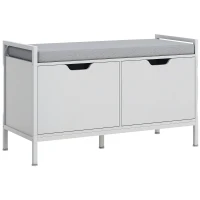 HOMCOM Panca Scarpiera a 2 Armadietti con Cuscino, in Tessuto Effetto Lino, Legno e Acciaio, 84x35x50 cm, Bianco(m-1)