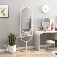 HOMCOM Specchio da Terra a Figura Intera 175,5x50 cm con Vassoio in Legno 4 Ganci e Cornice in Metallo per Soggiorno Camera Bianco(m-3)