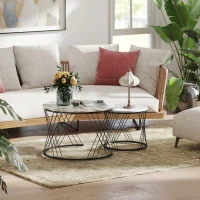 HOMCOM Lot de 2 tables basses gigognes rondes Ø 70/44,5 cm avec plateau effet marbre et pieds en métal, gris et blanc(m-8)