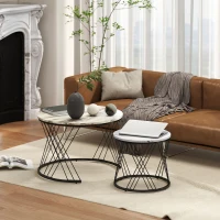 HOMCOM Set di 2 tavolini nidificati rotondi Ø 70/44,5 cm con piano effetto marmo e piedi in metallo, grigio e bianco(m-4)