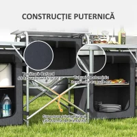 Outsunny Bucătărie de Camping Pliabilă cu 3 Blaturi, 5 Rafturi Interne și 4 Cârlige, 172x48x119 cm, Negru(m-7)