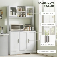 HOMCOM Armoire de cuisine scandinave avec placards, compartiments ouverts, portes vitrées et plan de travail, blanc(m-6)