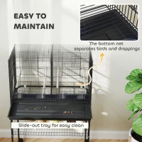 PawHut Bird Cage with Divider, 4 Wooden Perches, Slide Out Tray, 4 Feeders, for Budgie, Lovebird, Canary, 76 x 46 x 116cm Black(m-7)