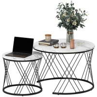 HOMCOM Ensemble de 2 tables basses avec effet marbre, panneau de particules, métal, tables basses rondes pour salon, gigogne, blanc(m-6)