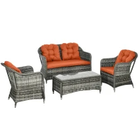 Outsunny Four-Piece Rattan Sofa Set, with Glass-Top Table - Orange(m-1)