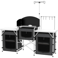 Outsunny Bucătărie de Camping Pliabilă cu 3 Blaturi, 5 Rafturi Interne și 4 Cârlige, 172x48x119 cm, Negru