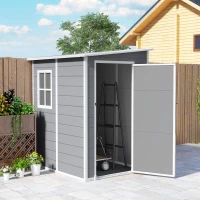 Outsunny 4 x 5FT Plastic Garden Shed with Floor, Lean to Shed, Lockable Tool Storage House with Window, Vent and Plastic Roof, Grey(m-9)