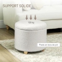 HOMCOM Pouf coffre rangement, tabouret rond, pouf repose-pieds en tissu bouclette, charge 120 Kg, Ø 45 x 41 cm, blanc(m-6)