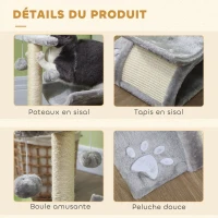 PawHut Arbre à chat, tour de jeux pour chats avec pont à griffer en sisal, tunnel demi-rond 2 balles 40 x 30 x 43 cm gris(m-6)