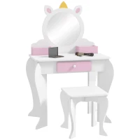 ZONEKIZ Unicorn-Design Kids Dressing Table, with Mirror and Stool - White(m-1)