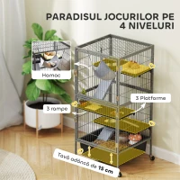 PawHut Cușcă pentru Animale Mici cu 4 Niveluri, Rampe, Hamac și Roți, Gri(m-5)