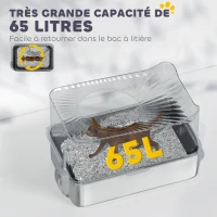 PawHut Bac à litière pour chat en acier inoxydable 85L grande capacité maison de toilette semi-fermée, 60 x 40 x 38 cm noir(m-6)