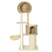 PawHut Kratzbaum, mit Katzenhaus, mehrere Plattformen, Hängematte, Kratzmatte, Kippschutz, beige, 60 x 60 x 150cm(m-11)