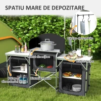 Outsunny Bucătărie de Camping Pliabilă cu 3 Blaturi, 5 Rafturi Interne și 4 Cârlige, 172x48x119 cm, Negru(m-4)