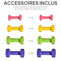 HOMCOM Ensemble d'haltères hexagonaux total 20 kg lot de 8 haltères courts de gym avec revêtement en polyuréthane multicolore(m-5)