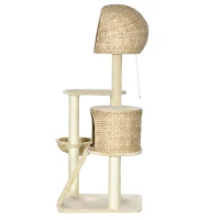 PawHut Kratzbaum, mit Katzenhaus, mehrere Plattformen, Hängematte, Kratzmatte, Kippschutz, beige, 60 x 60 x 150cm(m-10)