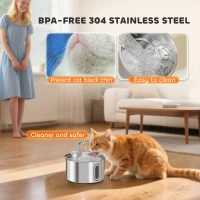 PawHut 2.5L Stainless Steel Cat Water Fountain for Drinking with Ultra-Silent Pump, Water-Level Window, 7 Filters(m-4)