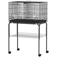 PawHut Bird Cage with Divider, 4 Wooden Perches, Slide Out Tray, 4 Feeders, for Budgie, Lovebird, Canary, 76 x 46 x 116cm Black(m-11)