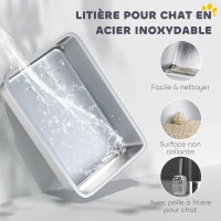 PawHut Bac à litière pour chat en acier inoxydable 85L grande capacité maison de toilette semi-fermée, 60 x 40 x 38 cm noir(m-4)