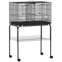 PawHut Bird Cage with Divider, 4 Wooden Perches, Slide Out Tray, 4 Feeders, for Budgie, Lovebird, Canary, 76 x 46 x 116cm Black(m-1)