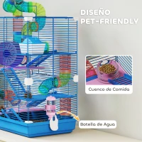 PawHut Jaula de Hámster con Túnel Plataformas Cuenco Bebedero Casita Rampas y Rueda de Ejercicio 46x30x58 cm Azul(m-5)