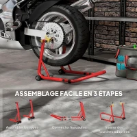 HOMCOM Bloque roue de moto pour pneu arrière capacité 544 kg avec fourches réglables en U et L en acier 58,5x34,5x69 cm rouge(m-6)