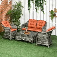 Outsunny Four-Piece Rattan Sofa Set, with Glass-Top Table - Orange(m-2)
