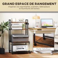 HOMCOM Support d'imprimante 4 niveaux avec prises de courant, roulettes et étagères de rangement, cadre en métal, brun rustique(m-5)