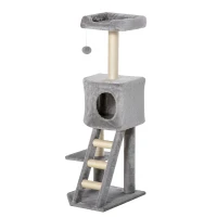PawHut Kratzbaum 120 cm Katzenturm mit Höhle, Spielball, Sisalstämme,  Plattform, Treppe, mehrstöckiger Katzenkratzbaum, Kletterbaum für Katzen, Hellgrau(m-14)