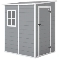 Outsunny 4 x 5FT Plastic Garden Shed with Floor, Lean to Shed, Lockable Tool Storage House with Window, Vent and Plastic Roof, Grey(m-1)