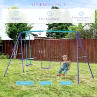 Outsunny Juego de Columpios de Jardín de Metal con Altura Ajustable 2 Columpios y Balancín 280x140x176 cm Morado y Azul(m-4)