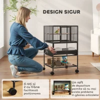 PawHut Cușcă pentru Păsări cu Roți cu Raft Inferior, Tavă și Grilă Negru(m-7)