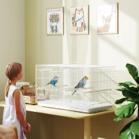 PawHut Bird Cage with Divider, 4 Wooden Perches, Slide Out Tray, 4 Feeders, for Budgie, Lovebird, Canary, 76 x 46 x 46cm, White(m-2)