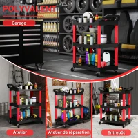 HOMCOM Chariot d'atelier à 3 niveaux avec poignée latérale pour garage, entrepôt, outils de bricolage, charge 91 Kg, noir(m-6)