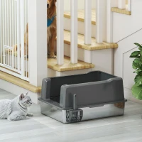 PawHut Bac à litière pour chat en acier inoxydable 85L grande capacité maison de toilette semi-fermée, 71 x 50,8 x 35,5 cm gris(m-8)