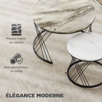 HOMCOM Lot de 2 tables basses gigognes rondes Ø 70/44,5 cm avec plateau effet marbre et pieds en métal, gris et blanc(m-5)