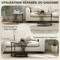 HOMCOM Lot de 2 tables basses gigognes rondes Ø 70/44,5 cm avec plateau effet marbre et pieds en métal, gris et blanc(m-4)