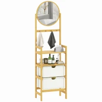 HOMCOM Étagère de Salle de Bambou avec Miroir avec 4 Crochets 2 Étagères Ouvertes et 2 Tiroirs en Tissu 48,5x30x170 cm Naturel(m-6)