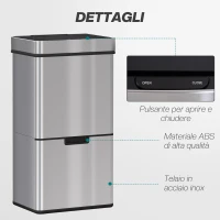 HOMCOM Pattumiera 72L a 3 Scomparti con Sensore Infrarossi e Apertura Automatica, in Acciaio e ABS, 42x30x81 cm(m-7)