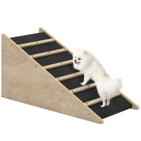 PawHut Haustiertreppe, Hundetreppe, Kiefernholz, Anti-Rutsch-Beschichtung, 90 cm x 40 cm x 45 cm, Natur + Grau(m-10)