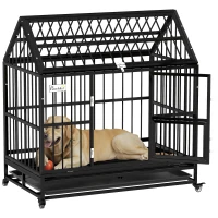 PawHut Jaula para Perros 123x74x125 cm con Ruedas Bandeja Extraíble Cerraduras 2 Puertas Frontal y 1 Puerta en Techo Negro(m-10)