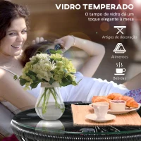 Outsunny Mesa Auxiliar de Vime Sintético Mesa de Centro Redonda com Bancada de Vidro Temperado Ø40x42 cm Preto(m-4)