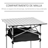 Outsunny Mesa de Camping Plegable con Almacenaje de Malla y Bolsa de Transporte para Exterior Jardín y Picnic 70x70x69 cm Plata(m-4)