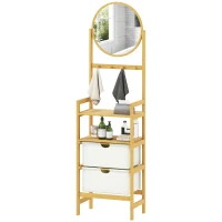 HOMCOM Estantería de Baño de Bambú con Espejo con 4 Ganchos 2 Estantes Abiertos y 2 Cajones de Tela 48,5x30x170 cm Natural(m-11)