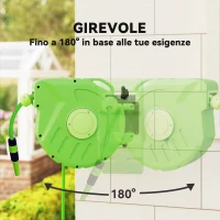 Outsunny Avvolgitubo da Giardino Retrattile con Tubo dell'Acqua 15 m, Rullo Avvolgitubo da Parete Girevole a 180°, Avvolgitubo Automatico Tubo da Giardino per Irrigazione in plastica, Verde(m-4)