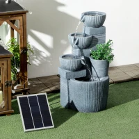Outsunny Tuinfontein Viertraps Waterval Fontein 57cm Hoogte Zonne-energie LED's voor Tuin, Donkergrijs(m-10)