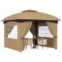 Outsunny Gazebo da Giardino 3.4x3.4m con Pareti, Protezione UV e Tetto a 2 Livelli, Beige(m-1)
