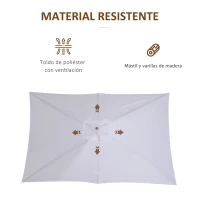 Outsunny Sombrilla de Jardín 295x200x255cm con Mástil de Madera Varillas de Bambú y Polea Parasol Rectangular para Terraza Blanco(m-6)