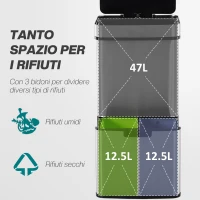 HOMCOM Pattumiera 72L a 3 Scomparti con Sensore Infrarossi e Apertura Automatica, in Acciaio e ABS, 42x30x81 cm(m-6)