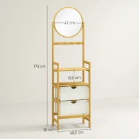 HOMCOM Étagère de Salle de Bambou avec Miroir avec 4 Crochets 2 Étagères Ouvertes et 2 Tiroirs en Tissu 48,5x30x170 cm Naturel(m-3)